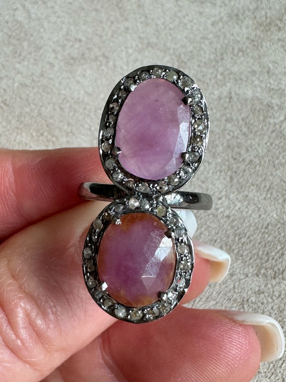 The Woods Pink Rose Quartz Double Oval Ring with Diamond Halo